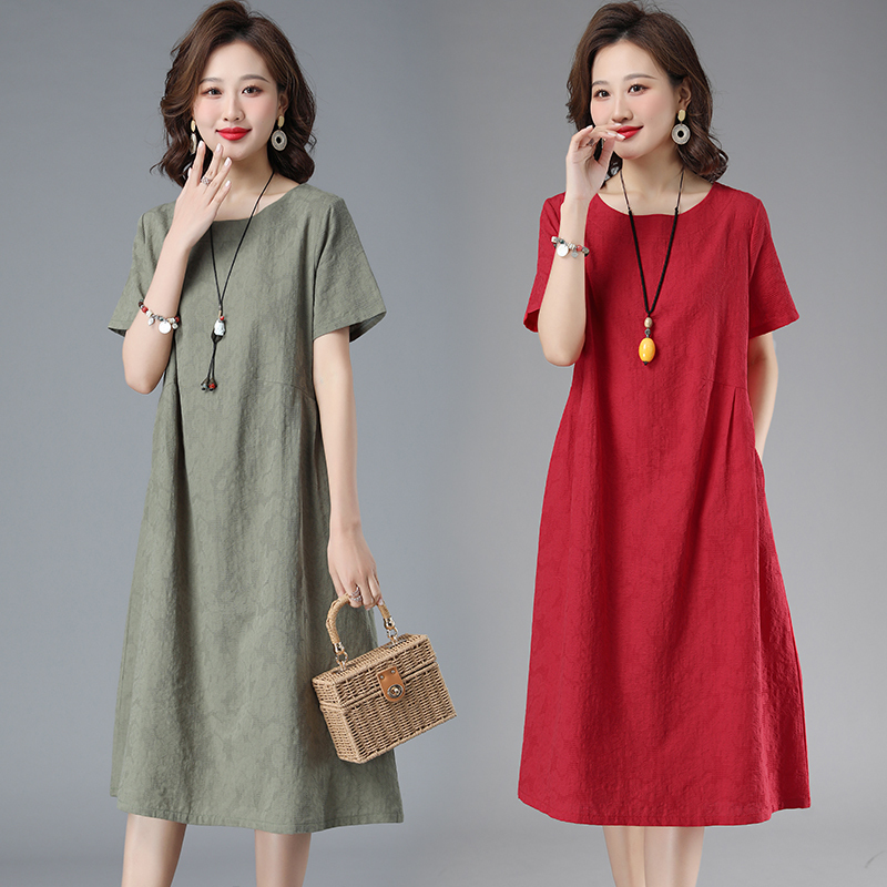 Mother's Clothing Retro Style Cotton and Linen Jacquard Short-Sleeved Dress Women's Summer Loose Casual Slimming Linen Mid-Length Skirt