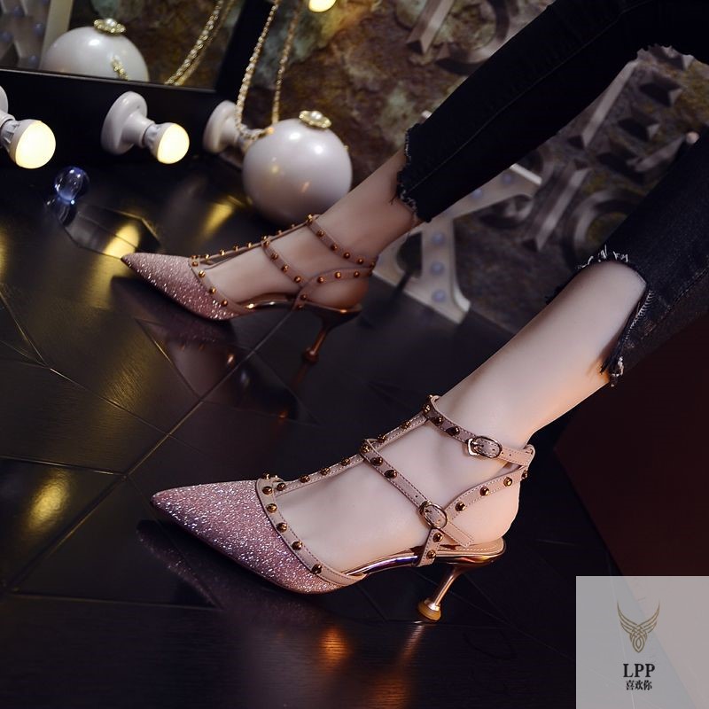 2021 New Sandals Mesh Red Rivet High Heeled Skirt Skirt Slim Heeled Fashion Sandals Go with everything