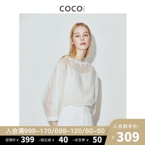COCOCOZI Silk crew neck plaid shirt Womens LACE openwork semi-transparent shirt Loose vacation shirt