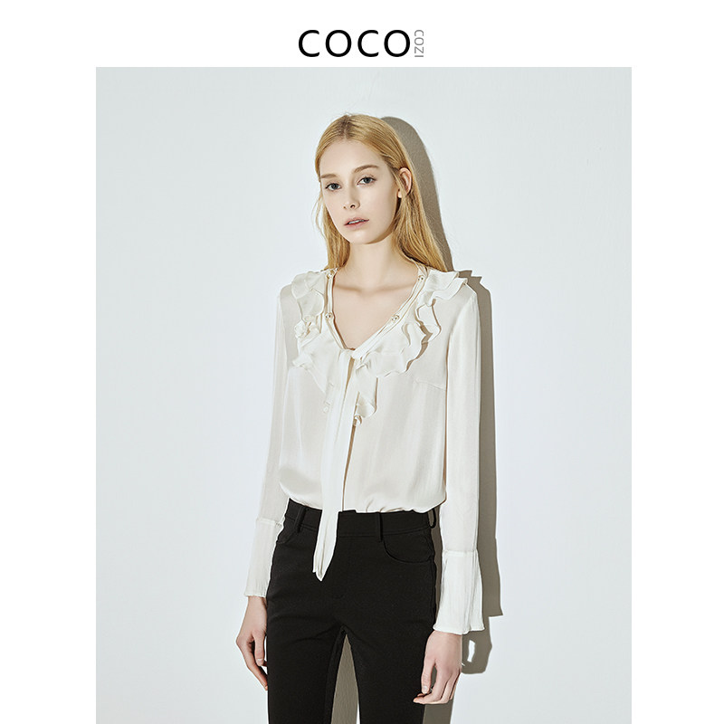 COCOCOZI cilio (true silk) horn cuff real silk shirt V collar lotus leaf side heavy-pound samsilk shirt woman