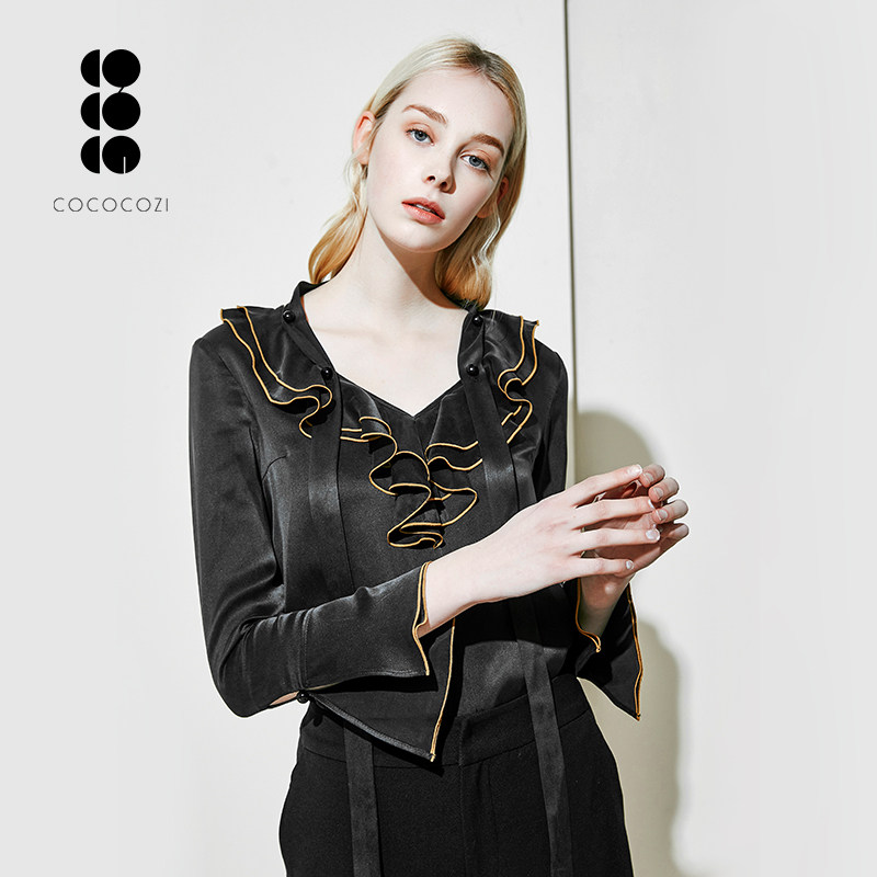 COCOCOZI V领荷叶边 重磅真丝衬衫 女式衬衣 上衣 天猫优惠券折后￥599包邮（￥699-100）2色可选