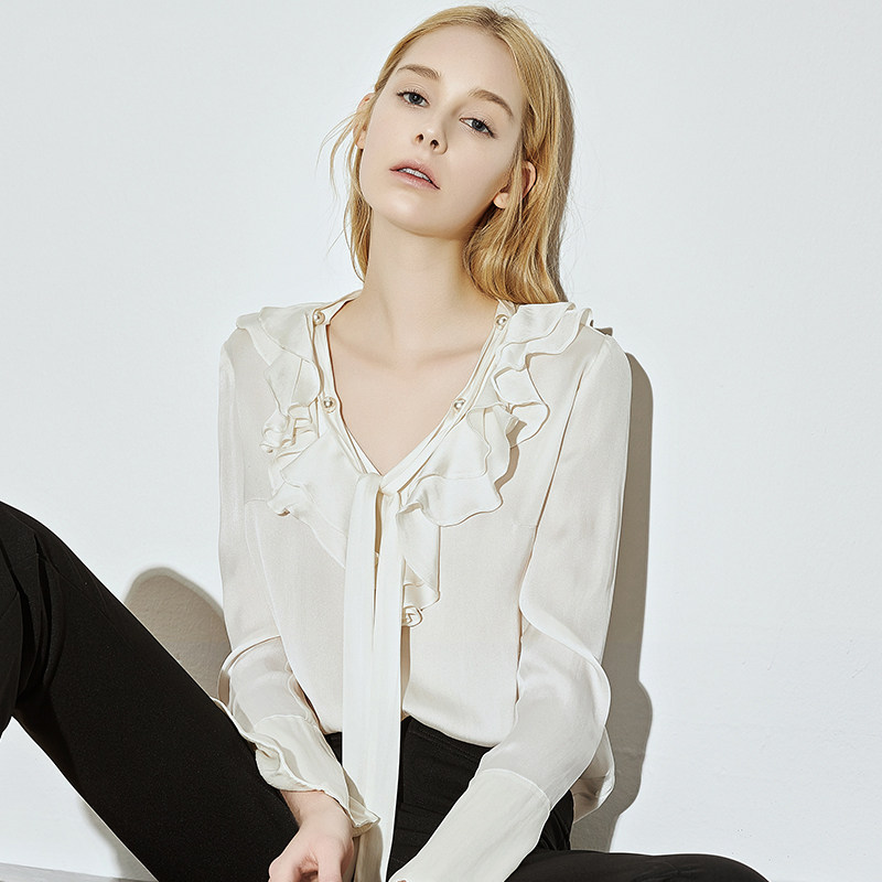 COCOCOZI V领荷叶边 重磅真丝衬衫 女式衬衣 上衣 天猫优惠券折后￥599包邮（￥699-100）2色可选