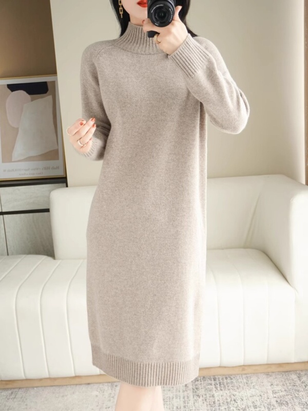Mid-Length Over-The-Knee Half Turtleneck Sweater Dress for Women, Loose and Slim, Thickeneded Inner Warm Knitted Dress, New Autum