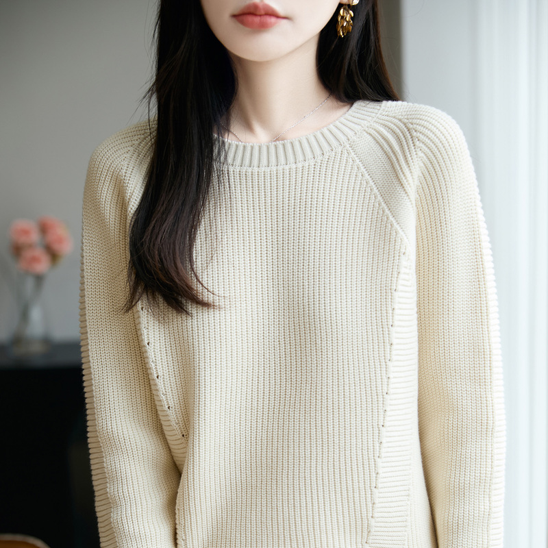 Minimalist Style 100% Pure Cotton Round Neck Knit Sweater for Women, New Autumn and Winter Long-Sleeved Thickened Warm Sweater, Lazy Style Top