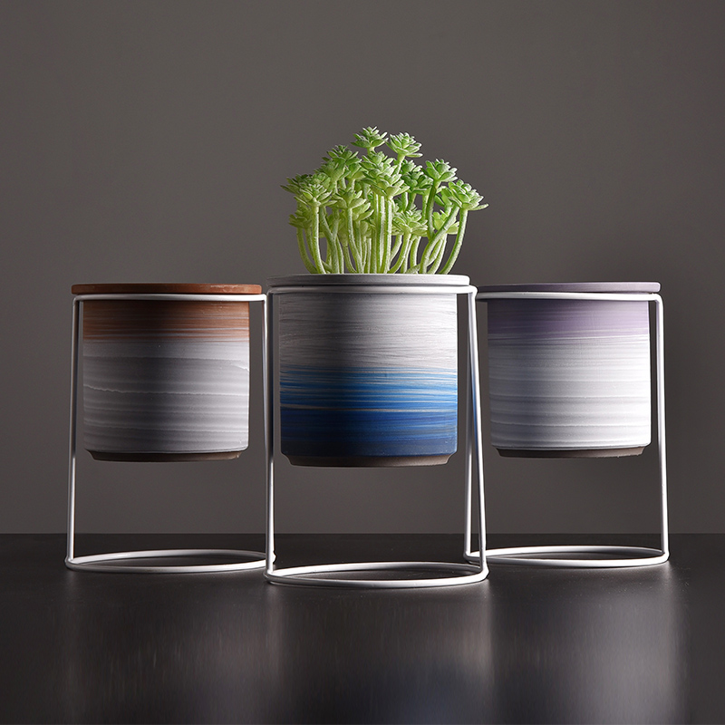 Nordic Creative Iron Art Multi-Meat Ceramic Flower Pot Emulation Plant Iron Stand Suit Balcony Table Top Green Sorcerer Flower Pots-Taobao