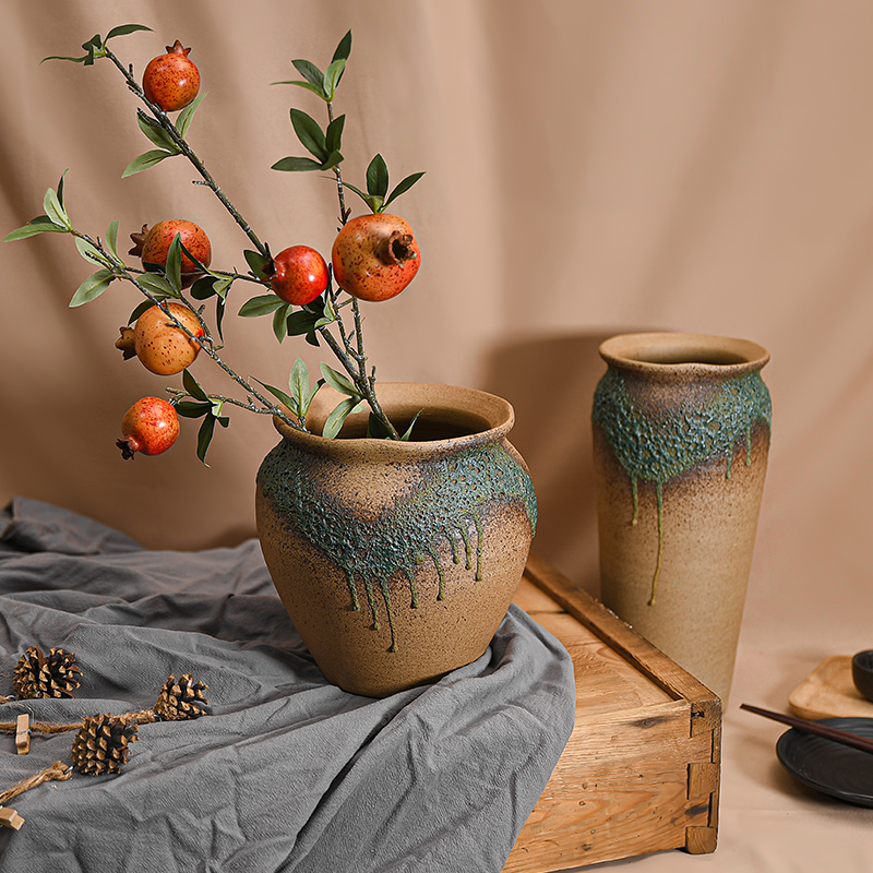 New Chinese ceramic vase inserted dry flower retro-floor pendulum piece made of old large black coarse pottery basin frosted minimalist florator-Taobao