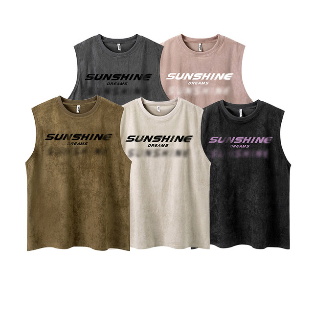 Wukong ແມ່ນມີຢູ່ໃນສະຕັອກ American retro printed suede sports sweat vest for men and women trendy brandy loose and versatile sleeveless T-shirt
