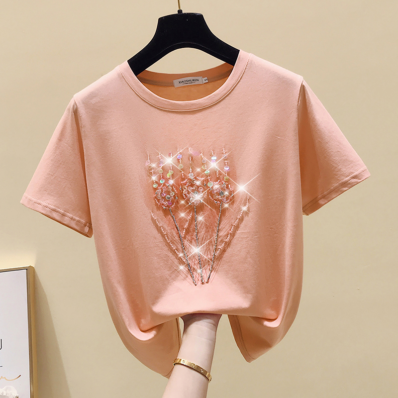 Heavy Industry Short Sleeve T-Shirt Women 2022 Summer New Korean Edition Loose Nailed Bead Sequin Half Sleeve Bottom Cotton Top Tide