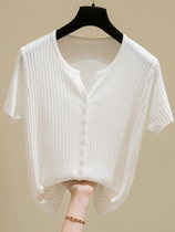 Korean Ice Silk short sleeve t-shirt women 2021 summer new thin joker loose slim vneck cardigan sweater tide