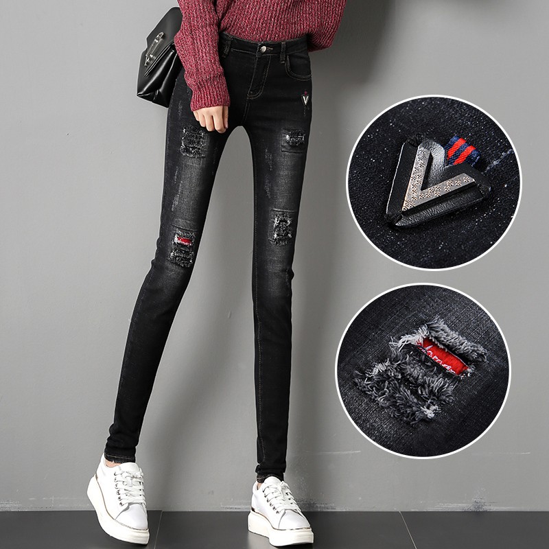 Broken Cave Jeans Woman 2022 Chunqiu New high waist display slim fit 100 hitch pencil pants black 90% smoke pipe pants