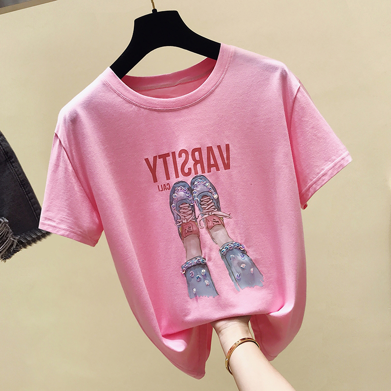 Pure cotton half-sleeve T-shirt female loose Korean version 2022 Summer new net red ins ultra fire design Sensation Nail Pearl Blouse