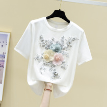 Korean embroidery three-dimensional small flower round neck short sleeve t-shirt women loose 2021 summer new cotton slim top tide