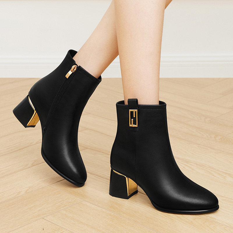 Mom Shoes High Heels Shoes Woman Genuine Leather Spring Autumn Winter Leather Shoes 2021 New Lady Martin Boots Midlife Rough Heel Short Boots