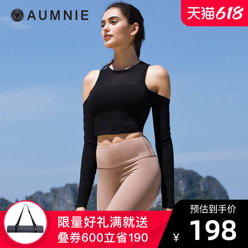 Aumnie yoga wear sport top women round neck short crop midriff gauze long sleeves off-the-shoulder fitness wear