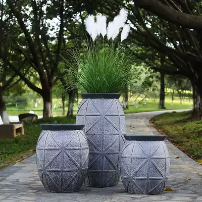 Nordic creative glass fiber floor-to-ceiling large flower pot large outdoor personality round combination shopping mall hotel lobby decoration