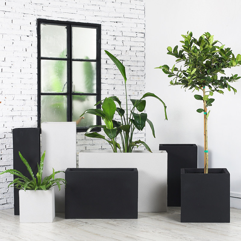 Nordic outdoor rectangular floor flower trough flower box large glass fiber flower pot outdoor creative simple large vase