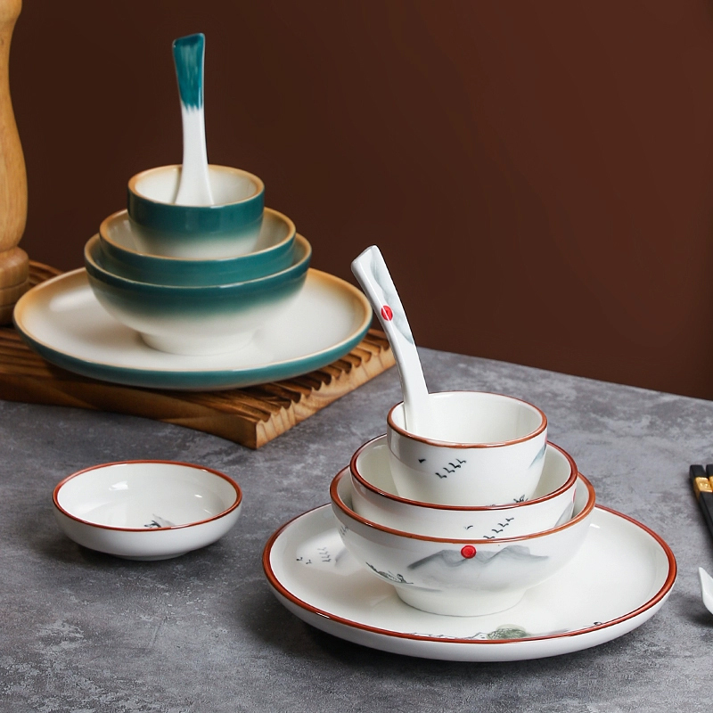 Color-Glazed Ceramic Tableware Set of Four for Hot Pot Restaurant, New Chinese-Style Creative Bowl and Plate Set of Five for Restaurant Table Setting