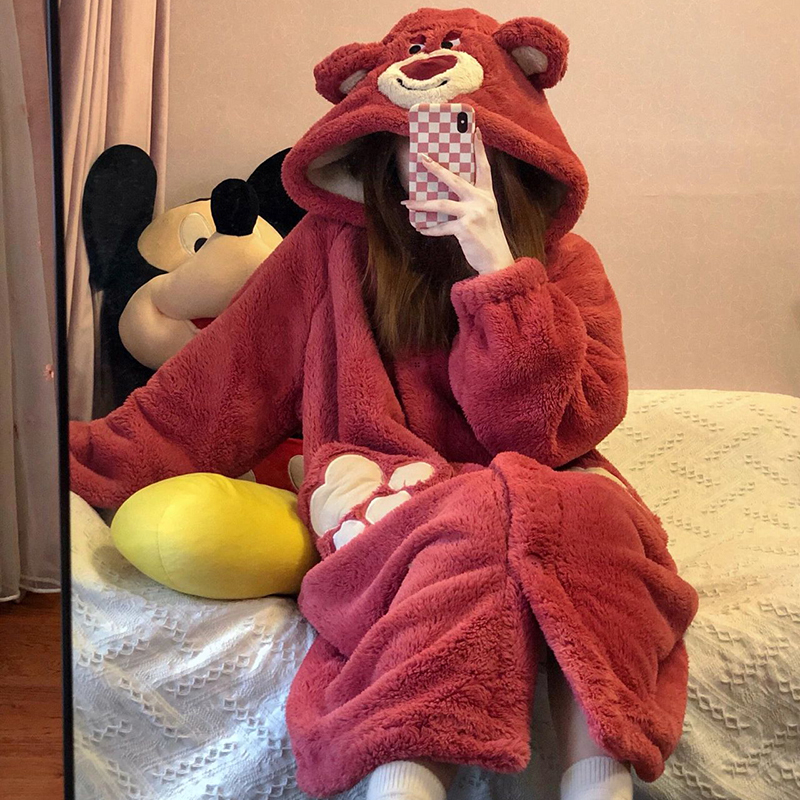 Strawberry Bear Pajamas for Women Winter Coral Fleece Thickened Long Cute Robe Home Wear Set 2025 New Bathrobe