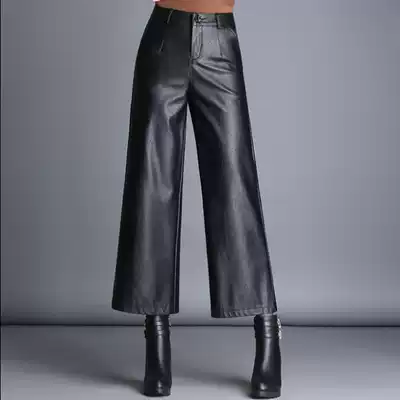 Casual leather hip wide leg pants leather pants women 2021 autumn and winter New High waist sheepskin straight trousers ankle-length pants