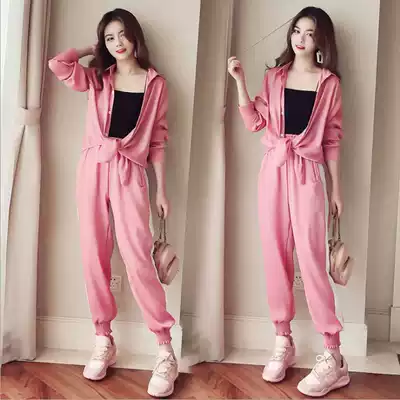 Leisure sports suit women spring and autumn 2021 new pink loose fashion small man foreign school three-piece running suit