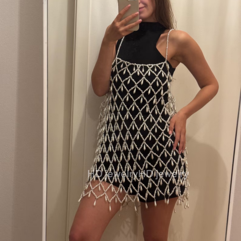 Fashionable Pearl Strap Dress with Hollow Mesh Outerwear, Hand-Beaded Versatile Beach Vacation Outfit Trend