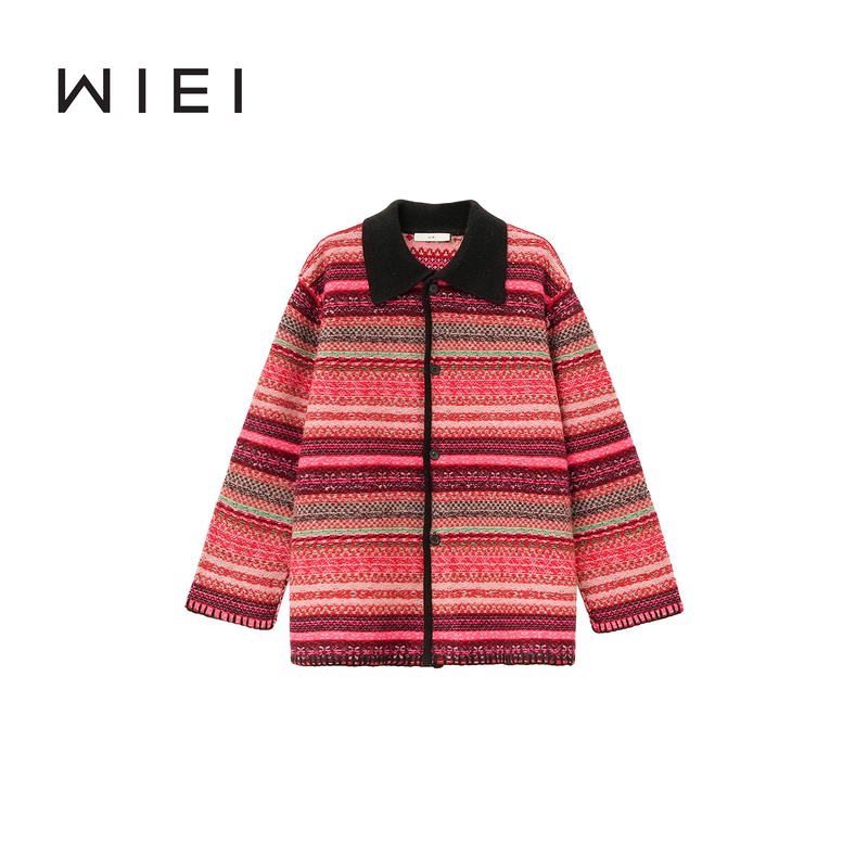 《Wi Ei》Bordered Fair Isle* Ultra-High Weight All-Wool Jacquard Knit Sweater Jacket W25409187