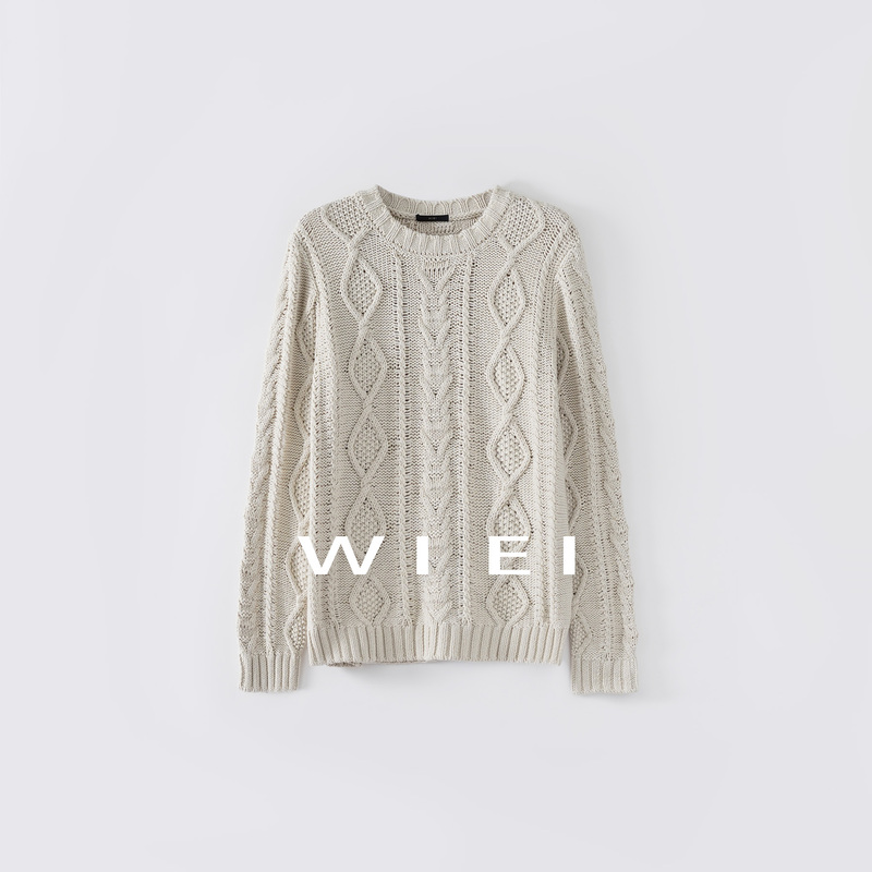 《Wi Ei》Egg Roll Sweater Retro Cable Knit Loose Round Neck Lazy Relaxed Style Knitted Sweater W26109399 《Wi Ei》Egg Roll Sweater Retro Cable Knit Loose Round Neck Lazy Relaxed Style Knitted Sweater W26109399