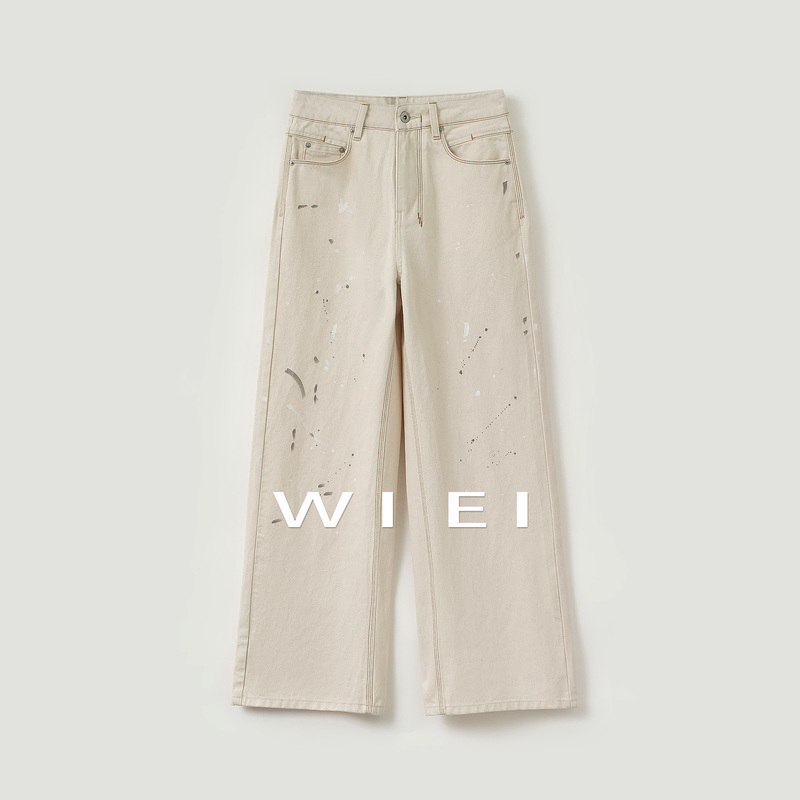《Wi Ei》Rough-Style Pants 100% Cotton Vintage Splatter Graffiti Denim Wide-Leg Straight Jeans W26103043