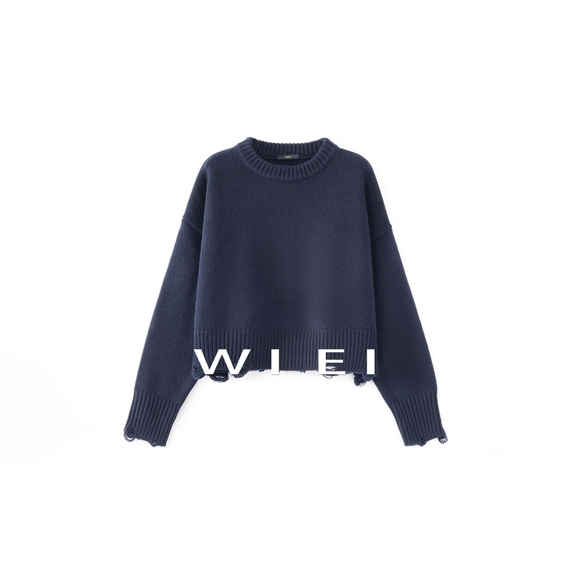 Rongrong Wiei Ripped Sweater, High Weight 100% Wool, Lazy Style, Ripped Edge Knit Sweater W26109280