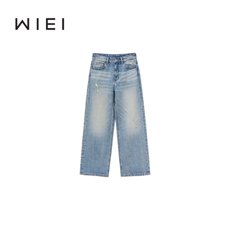 《Wi Ei》Distressed Denim* Imported Black Wood Cotton Distressed Straight-Leg Jeans W25403158