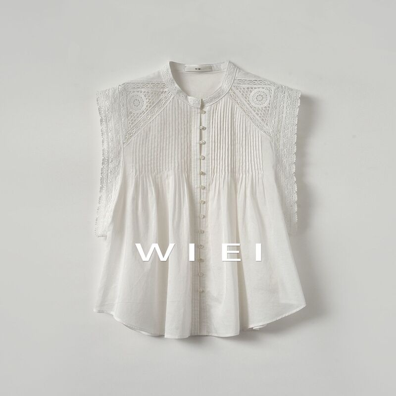 《Wi Ei》White Horse Manor French Romantic Lace Patchwork Vacation Style Hollow Embroidery Top W26101015