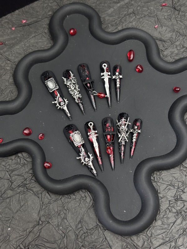 Real Shot of Handmade Wearable Nails, Demon Contract, European and American Style, Dark Black Pointed Nails, Sharp Forbidden 5.0 Long Detachable Nails Real Shot of Handmade Wearable Nails, Demon Contract, European and American Style, Dark Black Pointed Nails, Sharp Forbidden 5.0 Long Detachable Nails