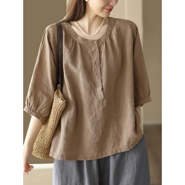 Artistic Retro 2026 Summer New Shirt Cotton Linen Top Women's Loose Pullover Solid Color Five-Quarter Sleeve Export