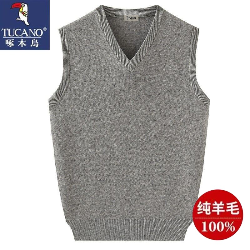 Woodpecker Knit Vest Men's V-Neck Pure Wool Vest Solid Color Sweater Spring and Autumn Pullover Vest for Dad