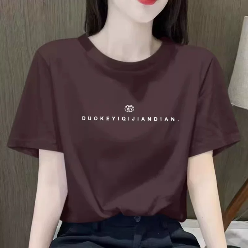Кофейная летняя хлопковая футболка с круглым воротом