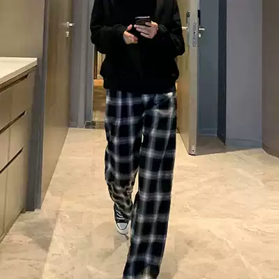 South Korea Net Red Tide brand black and white plaid pants women's loose straight tube high waist casual wide leg sports pants spring and autumn