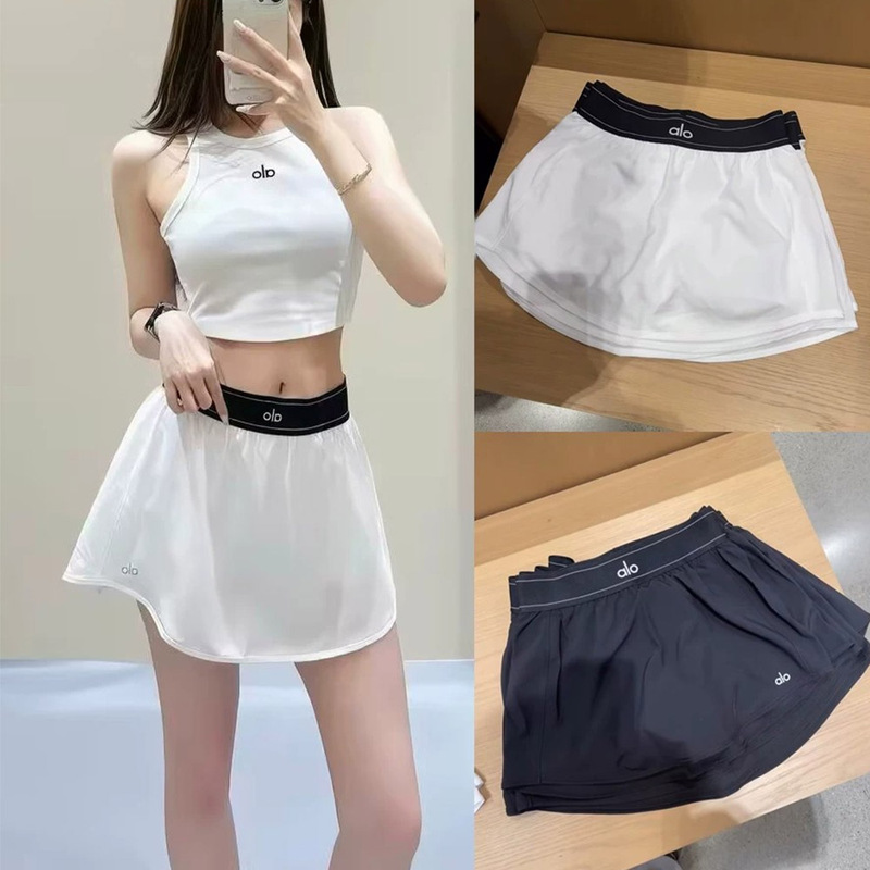 2026 New Aloyoga Short Skirt Set Yoga Fitness Pilates Anti-Exposure Skirt Pants Ribbed Slim-Fit Tank Top