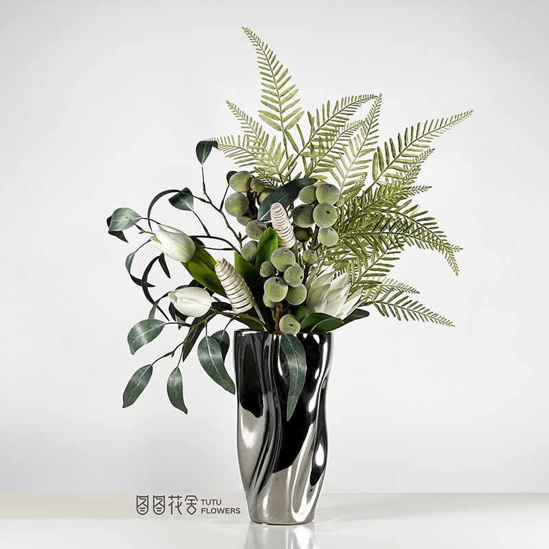 Green simulation flower creative home soft decoration Nordic style geometric silver light luxury vase hotel front desk flower arrangement