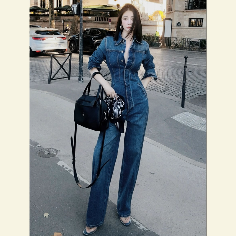 Summer Elegant and Sophisticated, Light Luxury with a High-End Feel, Old Money Style, Powerful Aura, One-Piece Blue Denim Jumpsuit Summer Elegant and Sophisticated, Light Luxury with a High-End Feel, Old Money Style, Powerful Aura, One-Piece Blue Denim Jumpsuit
