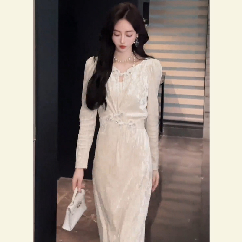 Autumn French Style Banquet Dress, Classy, Exquisite and High-End, Super Beautiful White Sequined Velvet Dress