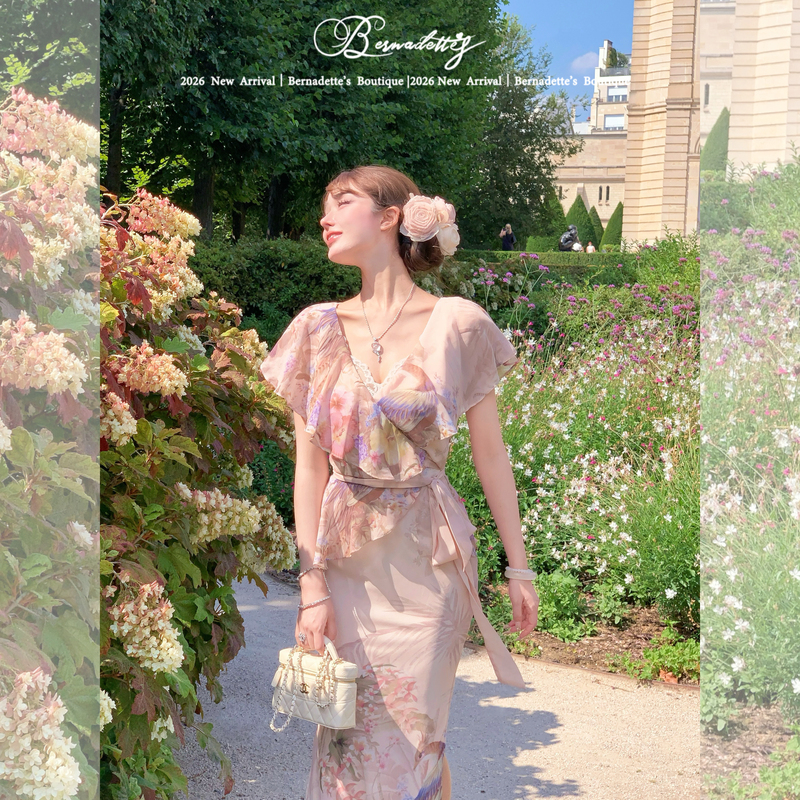 Miss Qianzi【Rodin Garden】Gentle and Pure Desire Tie-Strap Printed Summer Slimming Ruffle Sleeve Dress for Women