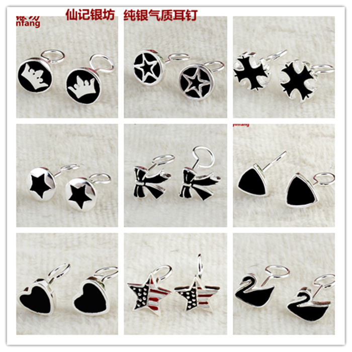 European and American black pure silver earshot woman Japan-ROK fashion temperament silver ornament with no allergy 990 silver anti-fall hook ear pin