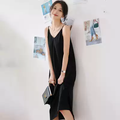 Thin chiffon suspender dress women's 2021 summer new loose sexy temperament bottoming long version of the small black skirt tide