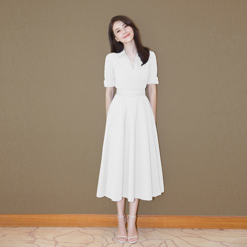 2022 summer new celebrity slim V-neck waist thin big pendulum white shirt dress temperament long skirt