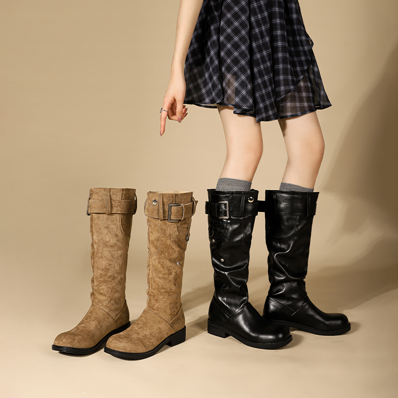 Madasu Genuine Leather Pleated Stacked Long Boots for Women, Chunky Heel, Thick Sole, Belt Buckle, Wide Calf, Western Riding Boots, Below the Knee Madasu Genuine Leather Pleated Stacked Long Boots for Women, Chunky Heel, Thick Sole, Belt Buckle, Wide Calf, Western Riding Boots, Below the Knee