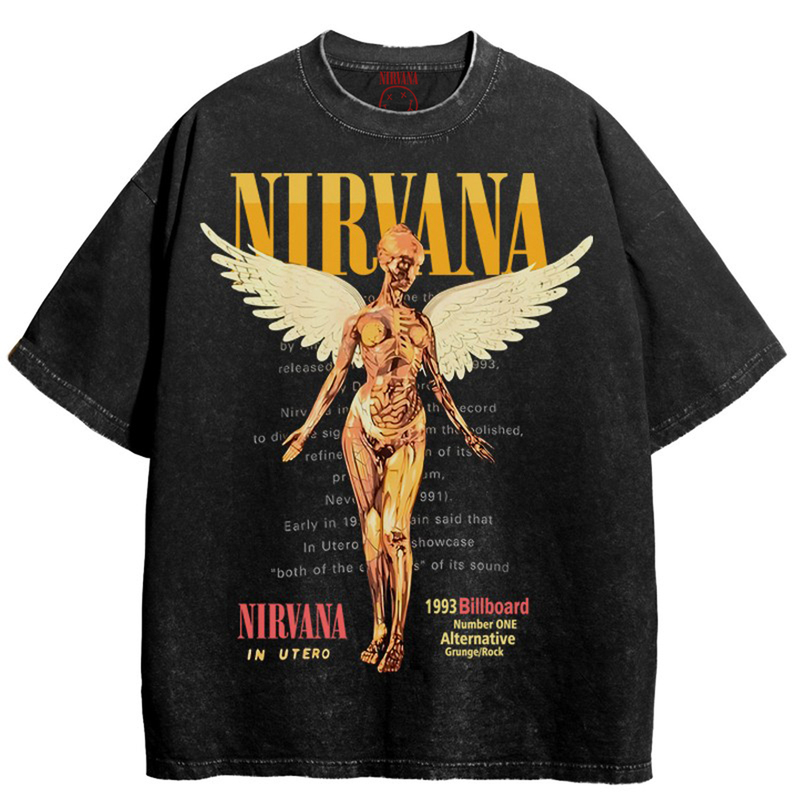Nirvana Band Rock Nirvana Cobain Direct-Print Vintage Washed Retro Wax-Dyed Loose T-Shirt