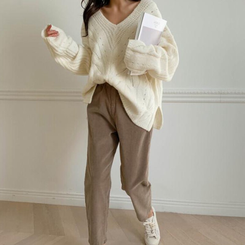 White temperament lazy style sweater women's 2021 autumn Korean new V-neck casual all-match knitted sweater top