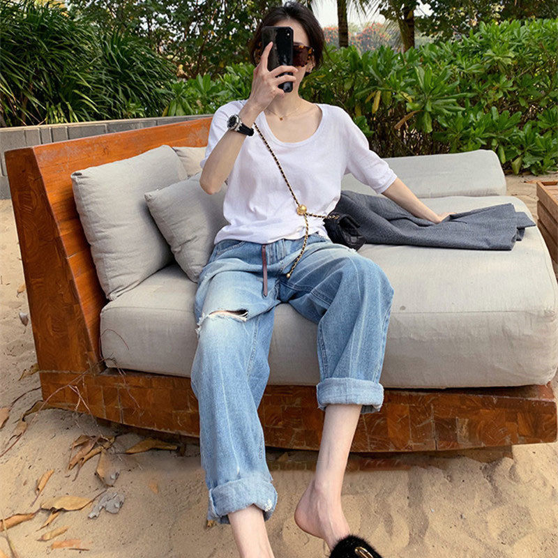 Light blue ripped nine-point jeans 2022 summer new Korean chic high waist slim casual wide pants women