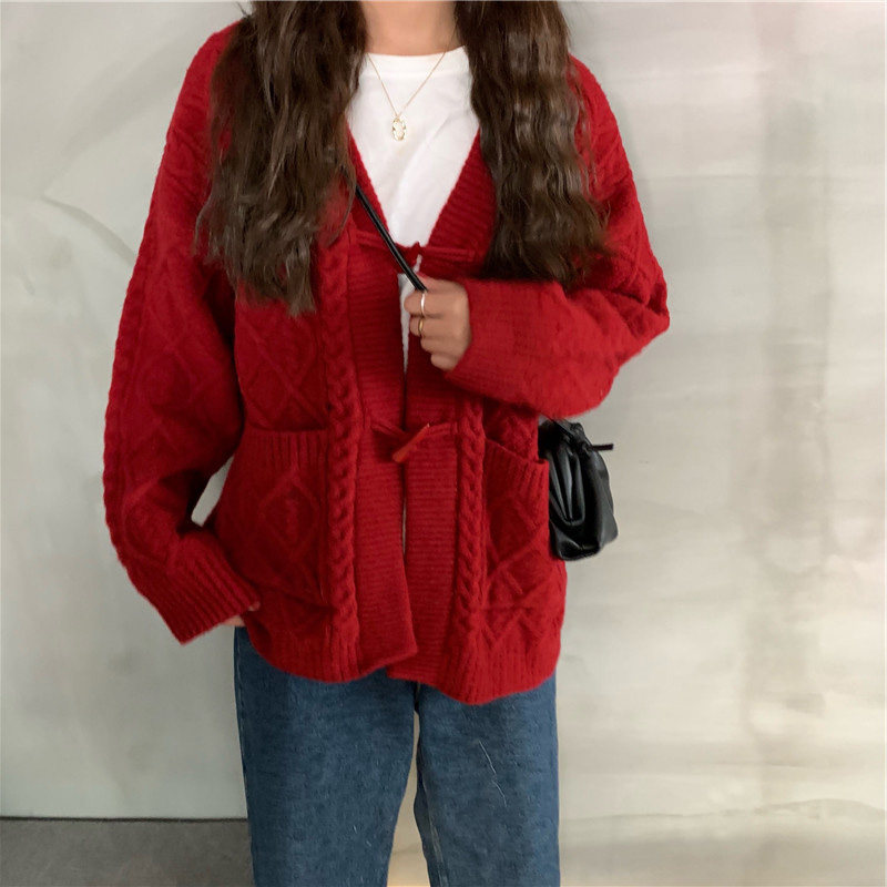 Red twist cherries knitted cardigan ladies autumn and winter coat loose and thickened New Year's Rat Year of the Rat Birth Year Sweater