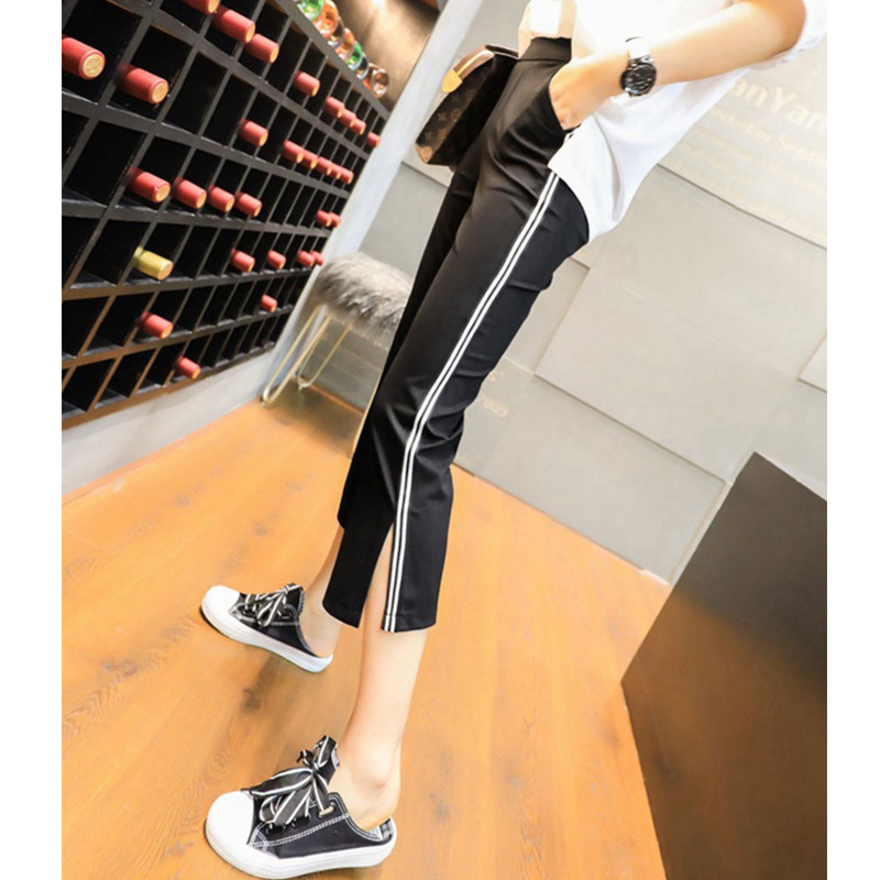 Cropped trousers women's summer thin section 2022 new side stripe high waist micro flared trousers split trousers slim sports casual pants